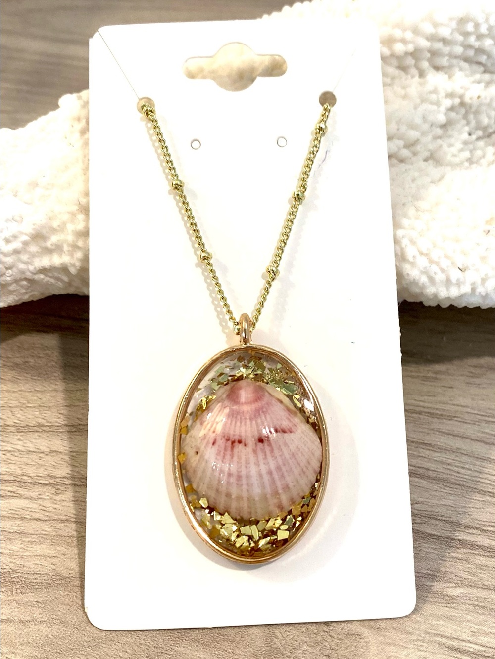 54. Sanibel calico scallop Shell Pendant Necklace with gold flake glitter